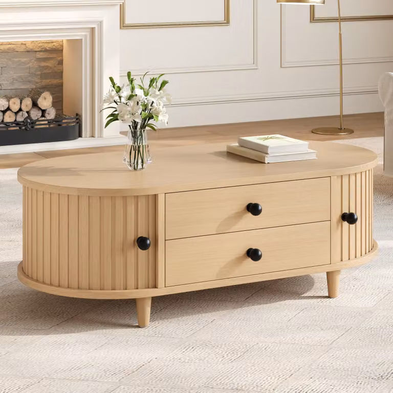 Tavolino rotondo Merax con ante scorrevoli, tavolino da salotto con 2 cassetti, tavolino in MDF effetto legno con portata fino a 50 kg, colore naturale