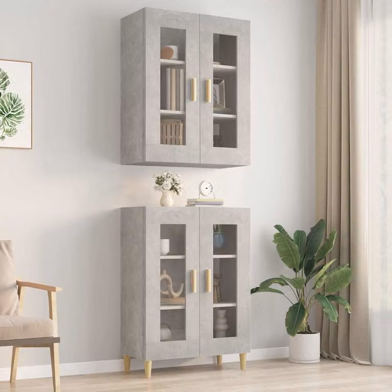 Armadietto Pensile da Parete vidaXL con Ante in Vetro, Grigio, L 69,5 cm x P 34 cm x H 90 cm