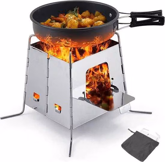 Set da campeggio con piccolo barbecue pieghevole in acciaio inossidabile e carbone di legna, resistente al vento
