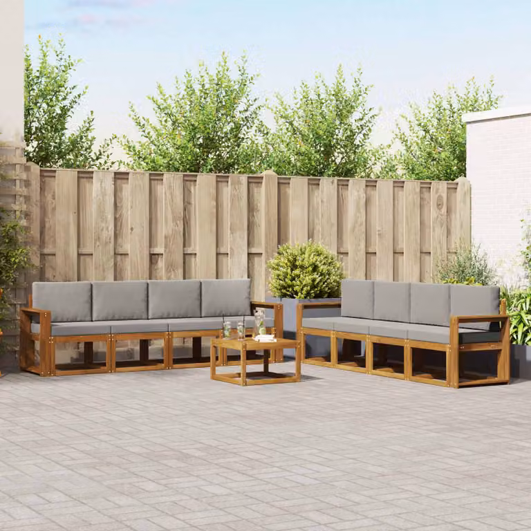vidaXL Set di divani da esterno 9 pz in legno di acacia con cuscini Grigio e Marrone