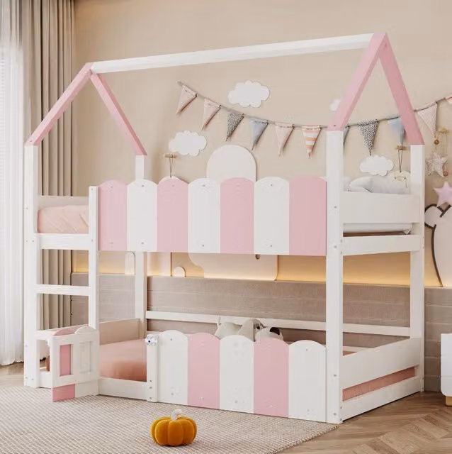 Letto a castello ULEVR 90x200 cm a forma di casa con scala e sponde di sicurezza, rosa e bianco
