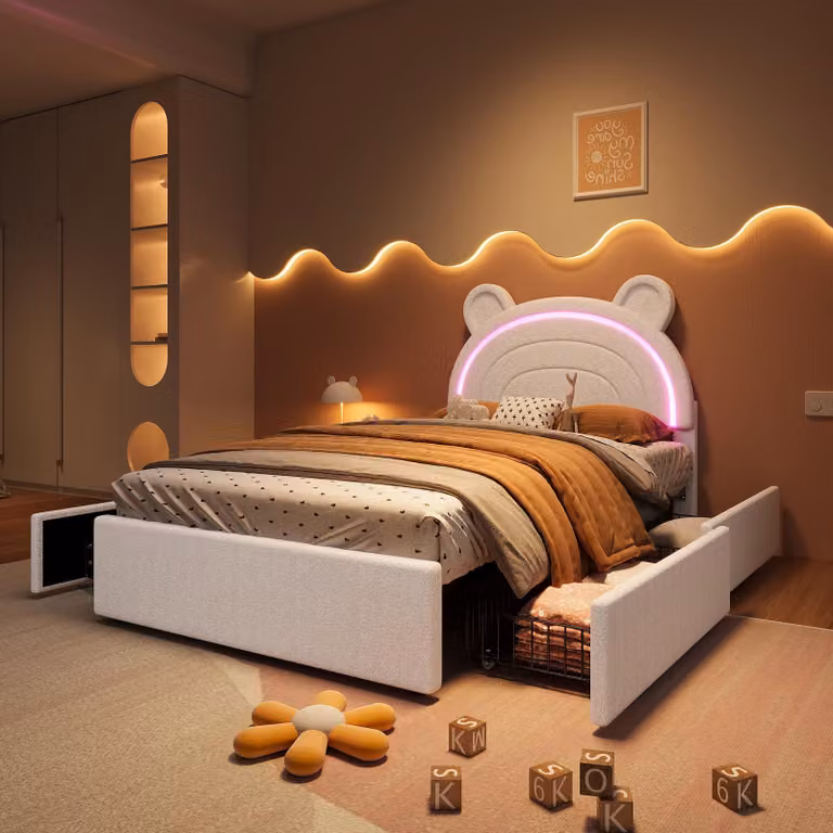 Letto imbottito per bambini 90x200 cm con testiera a forma di orso, 4 cassetti e illuminazione LED controllabile tramite app, color beige, ideale per camerette per bambini e ragazzi