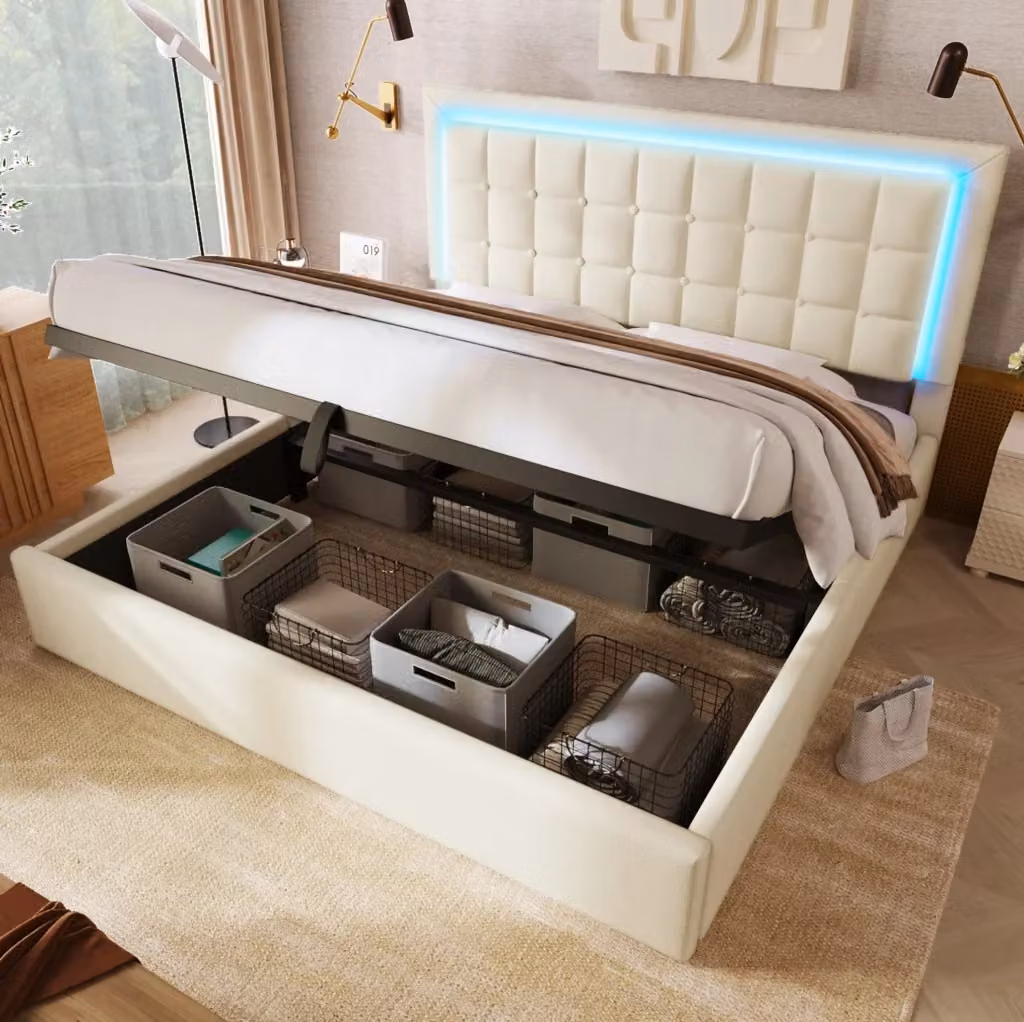 Letto matrimoniale MODFU con contenitore sollevabile e illuminazione LED, rivestimento in ecopelle bianca, L/P: 140 x 200 cm – 2