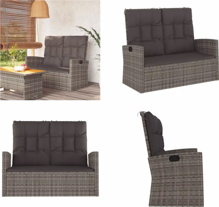 vidaXL Panca da giardino con funzione reclinabile e cuscini grigio 118 cm in poly rattan - Panca da giardino - Panche da giardino - Panchina - Panca da esterno