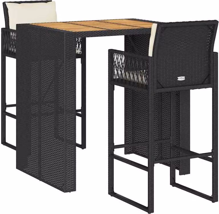 Set Bar da Giardino 3 pz con Cuscini Nero in Polyrattan Acacia
