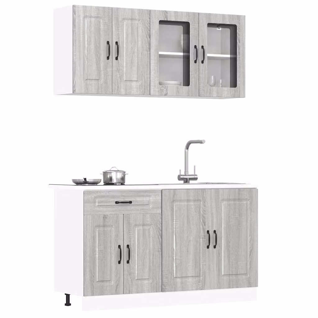 Set di mobili da cucina moderno vidaXL Kalmar composto da 4 pezzi in colore grigio con ante in vetro e ripiani interni