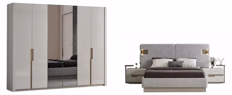 Set per camera da letto: comodini, letto, armadio. Colore: beige. Stile: moderno