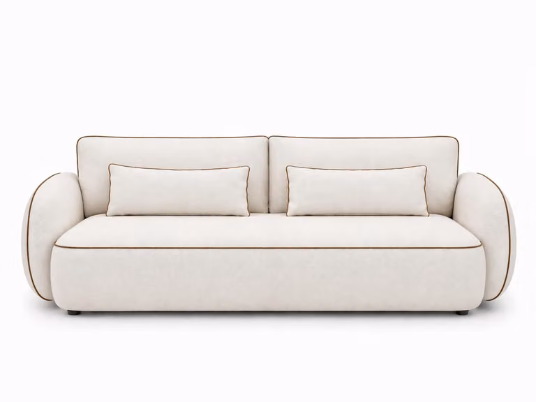 Divano Sofello ORIA con funzione letto – Tessuto melange beige/crema/marrone | Divano moderno realizzato in tessuto bouclé di tendenza con bordi decorativi, superficie di riposo: 204 × 144 cm