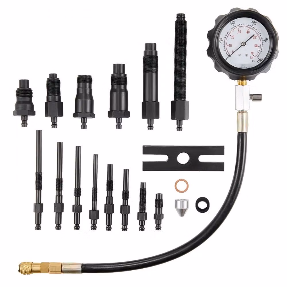 Misuratore di compressione - Tester con manometro 80 mm - 0-1000 PSI e 0-70 bar - Misuratore di compressione incl. adattatore 4x