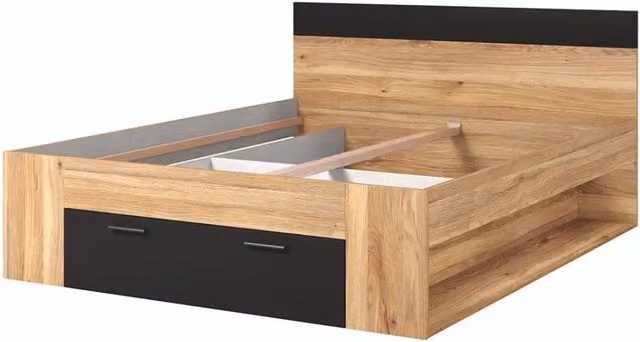 Letto matrimoniale 160x200 con cassetti integrati, rete inclusa, collezione EOS, rovere chiaro e nero