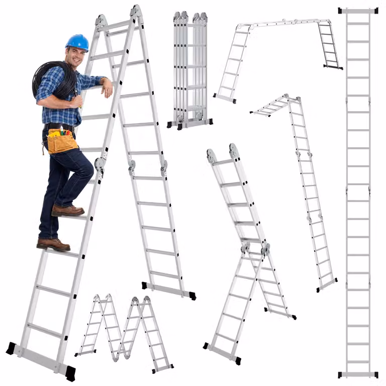 Scala multifunzione Ikodm 7in1, realizzata in alluminio, con 4x5 gradini, altezza circa 580 cm / 5,8 metri. Scala articolata multifunzione, scala a libro e scala a cavalletto. Capacità di carico massima: 150 kg
