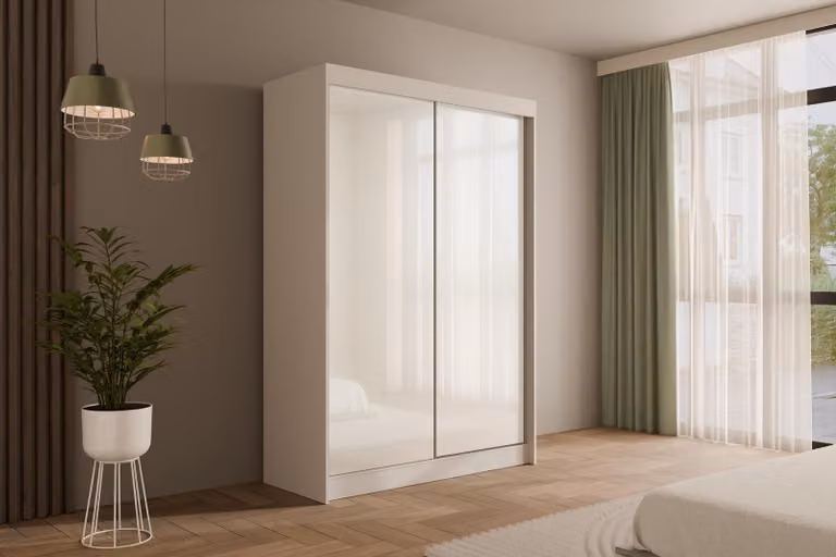 Armadio ALTDECOR con ante scorrevoli Lacobel, guide con cuscinetti a sfera e listelli in alluminio - PEKA - 150 cm Bianco / Bianco