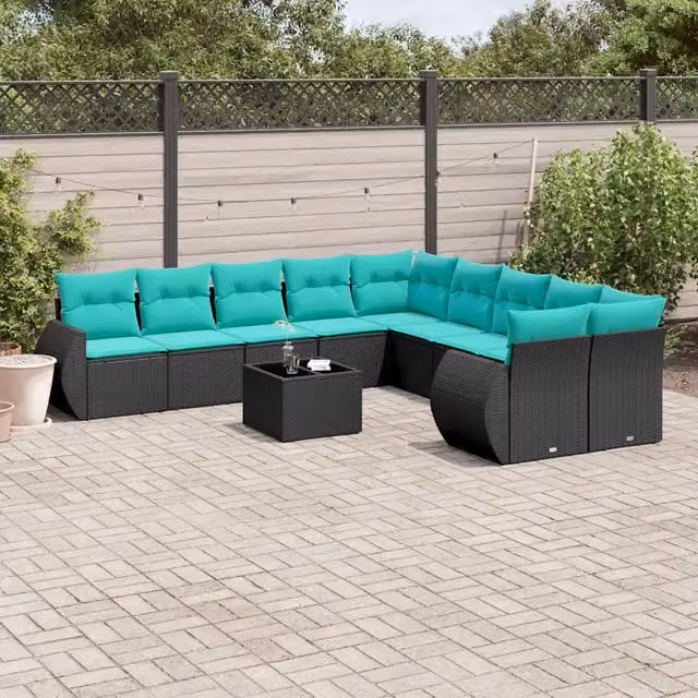 Set Divani da Giardino 11 pz con Cuscini Nero in Polyrattan 3221916
