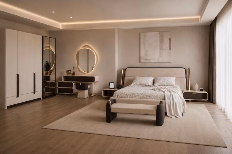 Set per camera da letto: letto, comodini, panchina, angolo trucco, armadio, colore beige