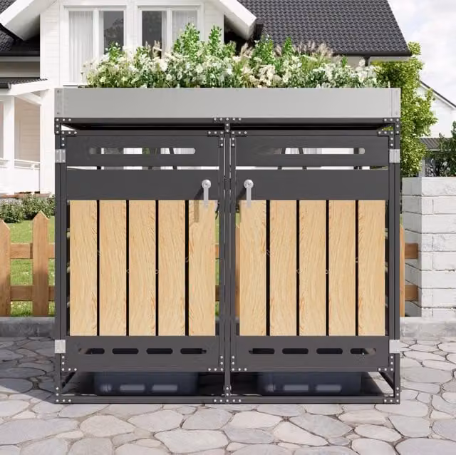 Contenitore per rifiuti con fioriera integrata 131x79x120 cm; nero in ferro