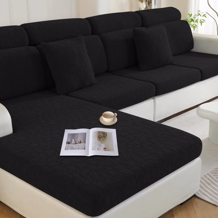 Copertura per cuscini da seduta, elasticizzata, a forma di L, per 1 posto * 2 + divano angolare, colore nero