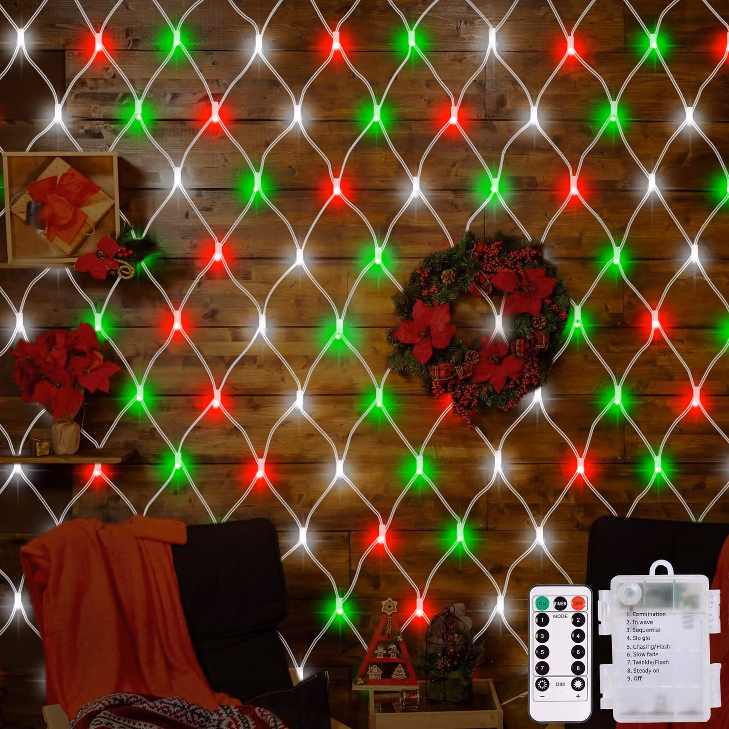 Luci decorative a rete LED per Natale, dimensioni 1,5x1,5 metri, 100 LED, alimentazione a batteria, con telecomando