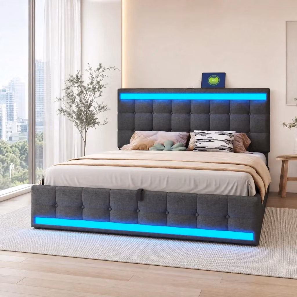 Letto imbottito Mivray in tessuto grigio con illuminazione LED sotto il letto, porte USB e base contenitore con sistema lift-up, L/P/H: 180 x 200 x 112 cm – 2