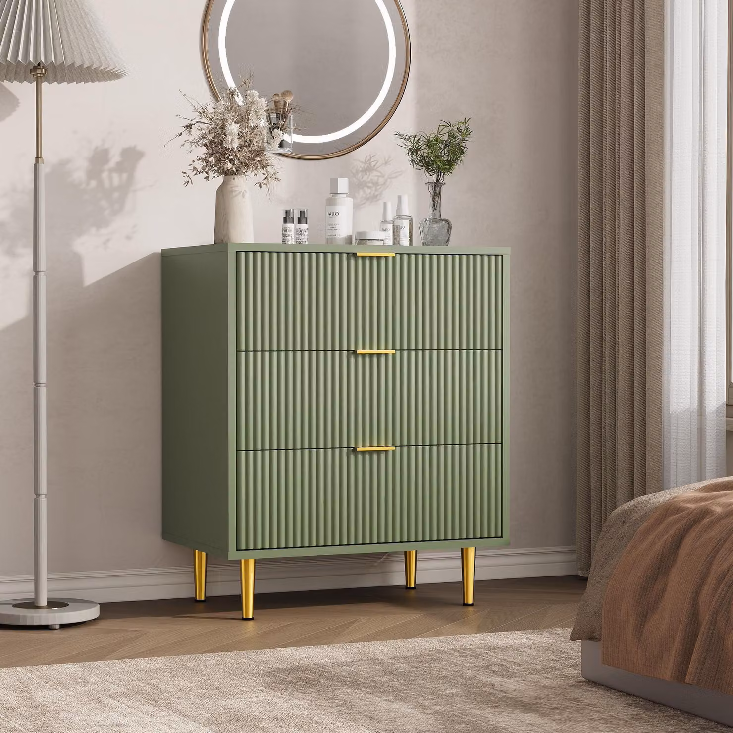 Comodino con frontale scanalato, 3 cassetti, ideale per la camera da letto o il soggiorno, colore verde avocado