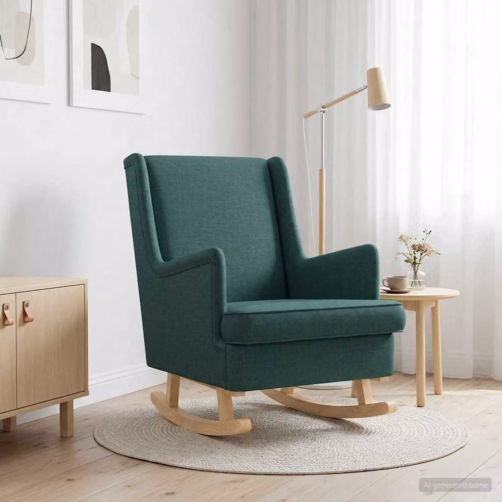 Sedia a dondolo vidaXL in tessuto verde con braccioli e struttura in legno e metallo L: 62 cm, P: 80 cm, H: 85 cm