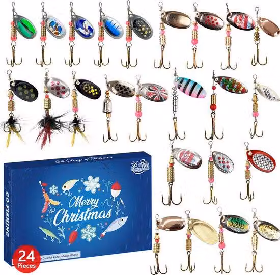 Calendario dell'Avvento - 24 giorni per contare i giorni che mancano a Natale, scatola regalo - regalo di Natale - set di esche artificiali - kit di accessori da pesca - set da pesca - esche artificiali - con 24 scomparti - 24 colori/forme diverse di ami