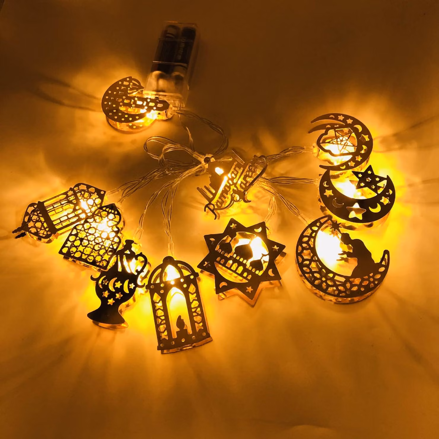 Catena luminosa a tema Ramadan, con 20 LED bianco caldo, alimentata a batteria, lunghezza 2 metri