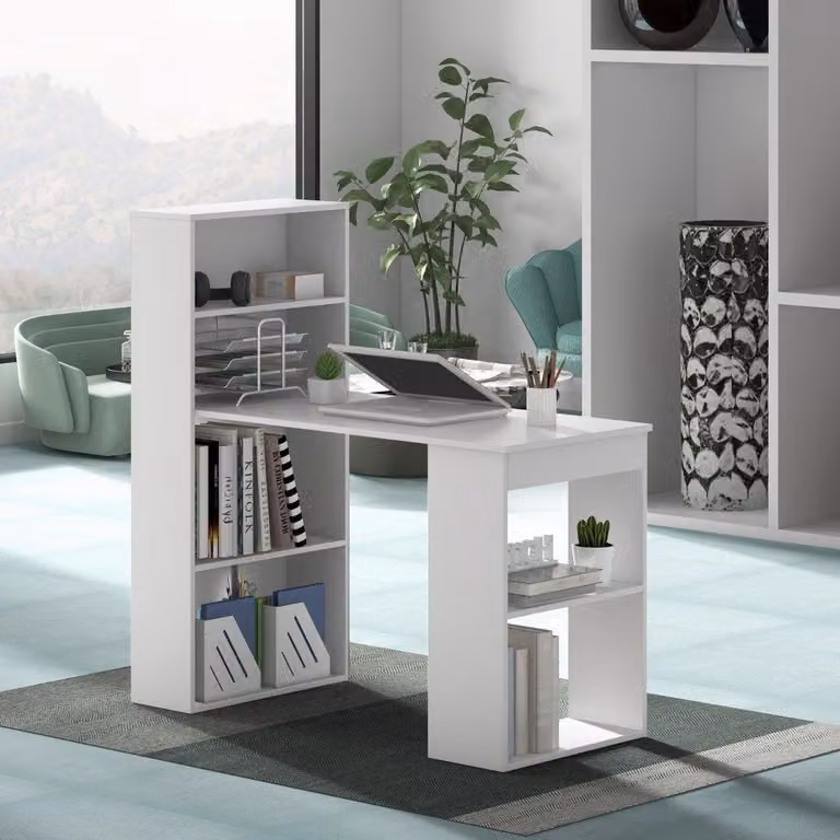 Scrivania con libreria, tavolo per computer con 6 ripiani, tavolo per PC con ripiano, tavolo da ufficio bianco