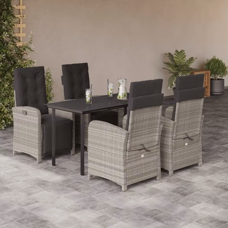 Set Pranzo da Giardino vidaXL in Polyrattan con Cuscini e Tavolo in Vetro, 5 Pezzi, Grigio e Nero