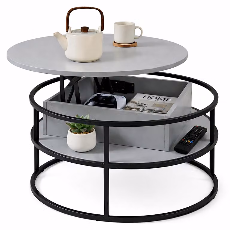 Tavolino Relaxdays, regolabile in altezza, tavolino con vano portaoggetti, dimensioni: 46x80 cm, piano sollevabile, MDF, ferro, grigio/nero