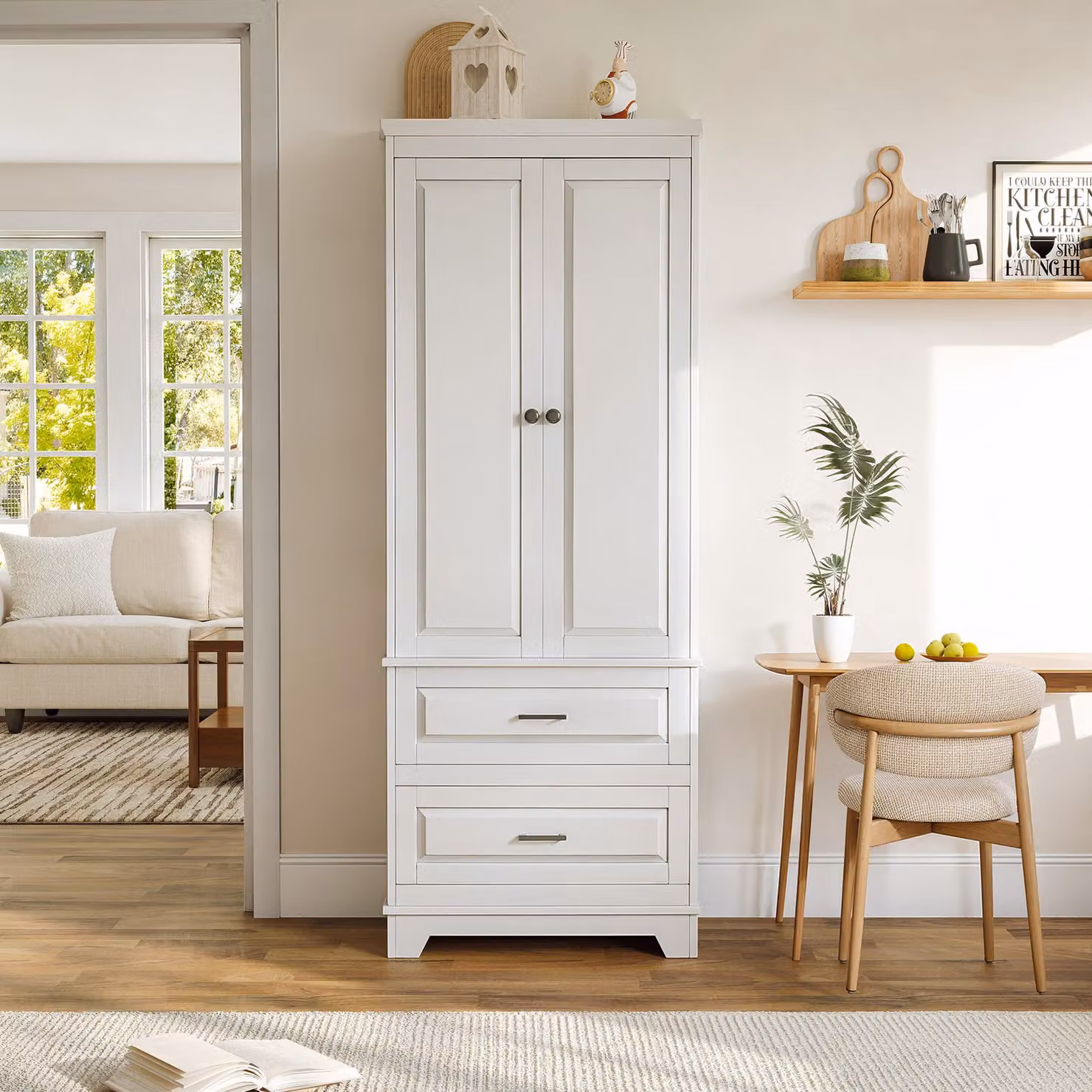 Armadio alto UnboxG, bianco, con 2 ante, ripiani interni regolabili e 2 cassetti, mobile multifunzionale per bagno, camera da letto, cucina, soggiorno