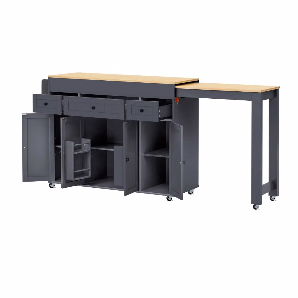 Mobile cucina moderno Chicfurn grigio con piano estraibile, 3 cassetti, ripiani regolabili e ruote bloccabili, L: 137-190.6 cm, P: 45.2 cm, H: 92 cm – 2