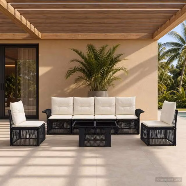 Set Divano da Giardino 7 pz Nero e Bianco Crema polyrattan 3436618