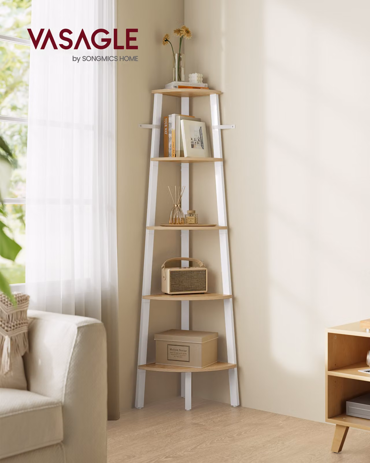 VASAGLE scaffale angolare, libreria, con 5 livelli, h: 159cm, con struttura in acciaio