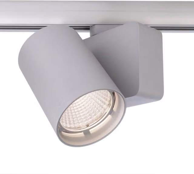 Faretto su binario trifase LED Planetitaly da 33W, orientabile e dimmerabile, luce calda 3000K, colore argento con alta resa cromatica RA90