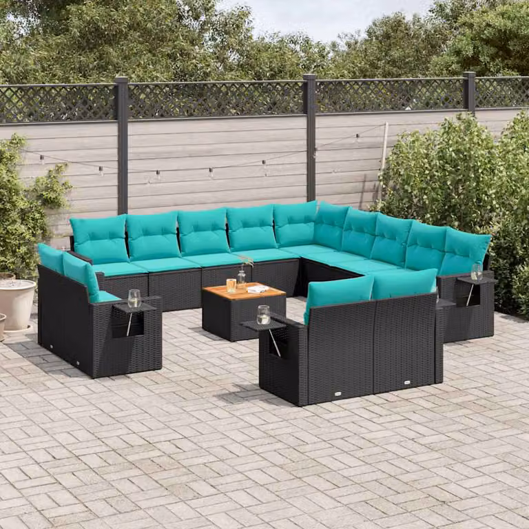 Set di divani da giardino vidaXL 14 pezzi in polyrattan nero con cuscini blu e tavolino da esterno a forma di U