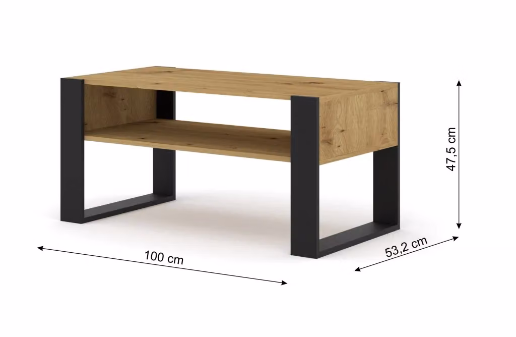 Tavolino da caffè moderno MONDI con 2 ripiani in finitura rovere e struttura in metallo, L 100 cm x P 53,2 cm x H 47,5 cm – 2