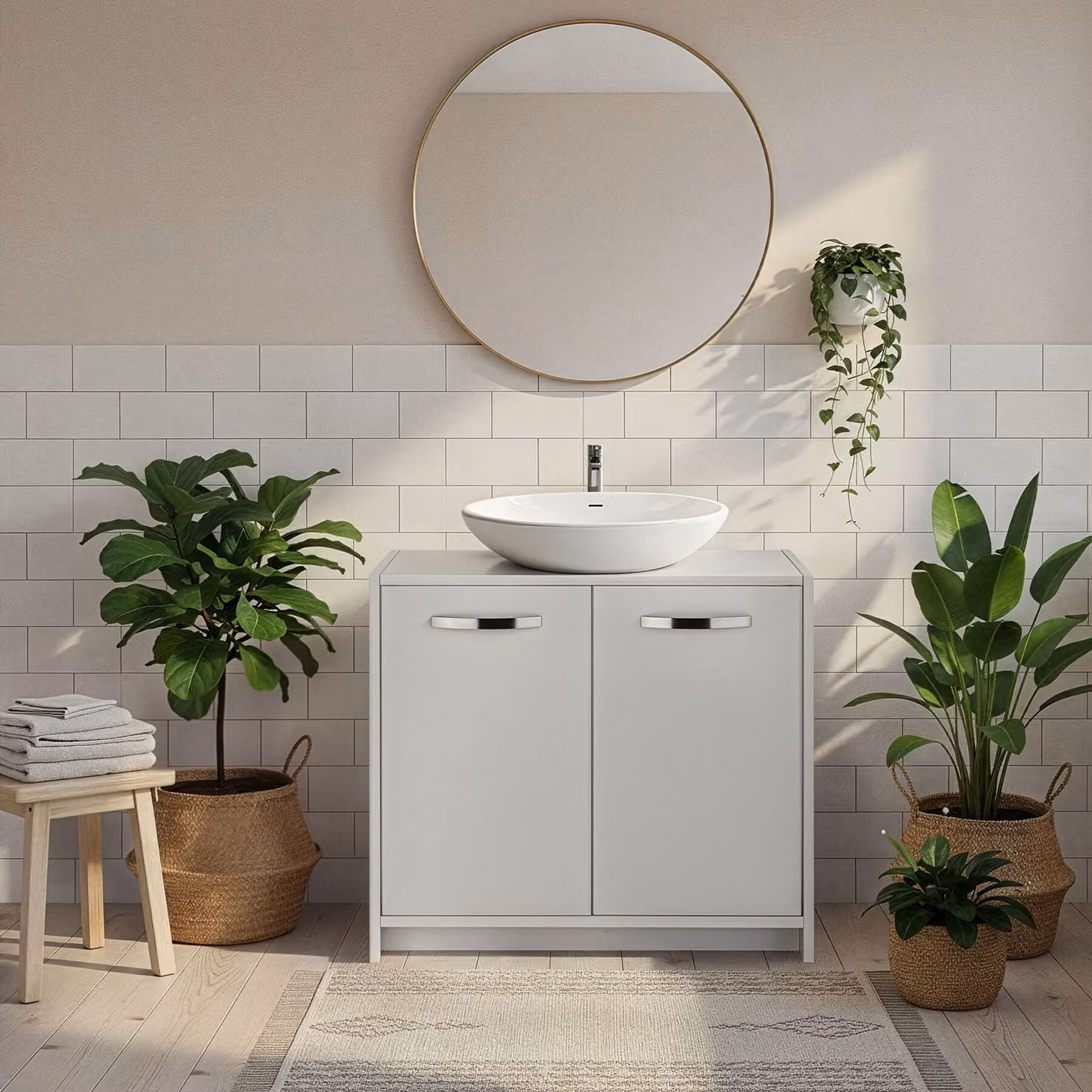 Mobile sotto lavabo Katalina Tectake bianco con ante scorrevoli e ripiani interni – 1