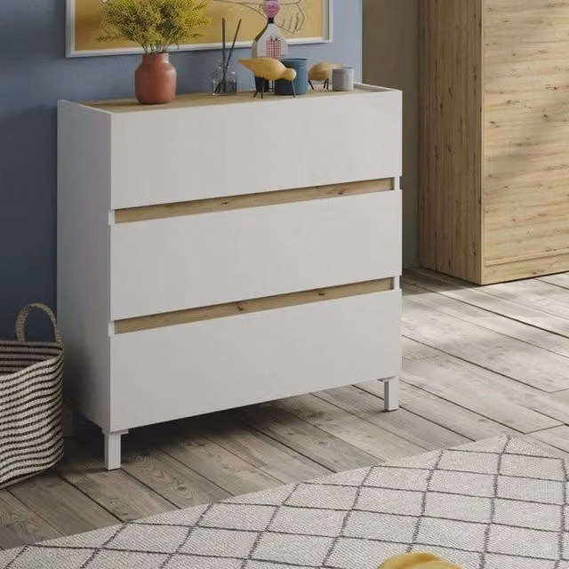 Cassettiera Teddy DMORA per camera da letto e cameretta, mobile con cassetti Bianco e Rovere, L 79 cm x P 41 cm x H 91 cm