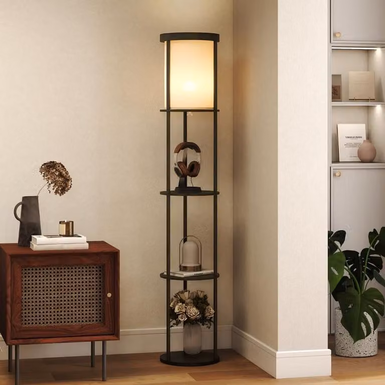 Lampada da terra Fortuna Lai con 3 ripiani, design rotondo, telecomando, interruttore a pedale, intensità luminosa regolabile, per soggiorno, nero