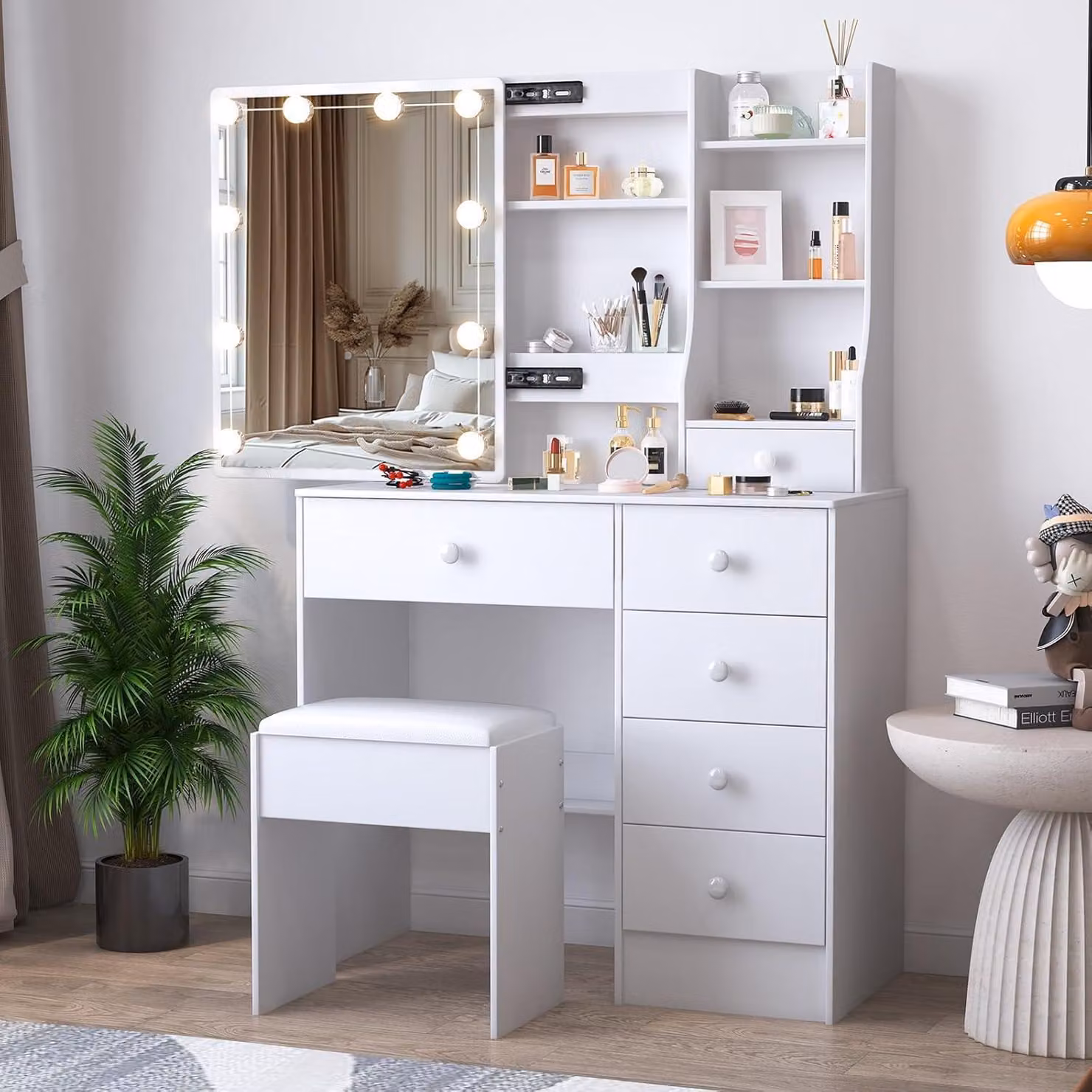 Comò da trucco con illuminazione, specchio scorrevole, 6 cassetti, 6 ripiani, sgabello, colore bianco, dimensioni 36x80x131 cm