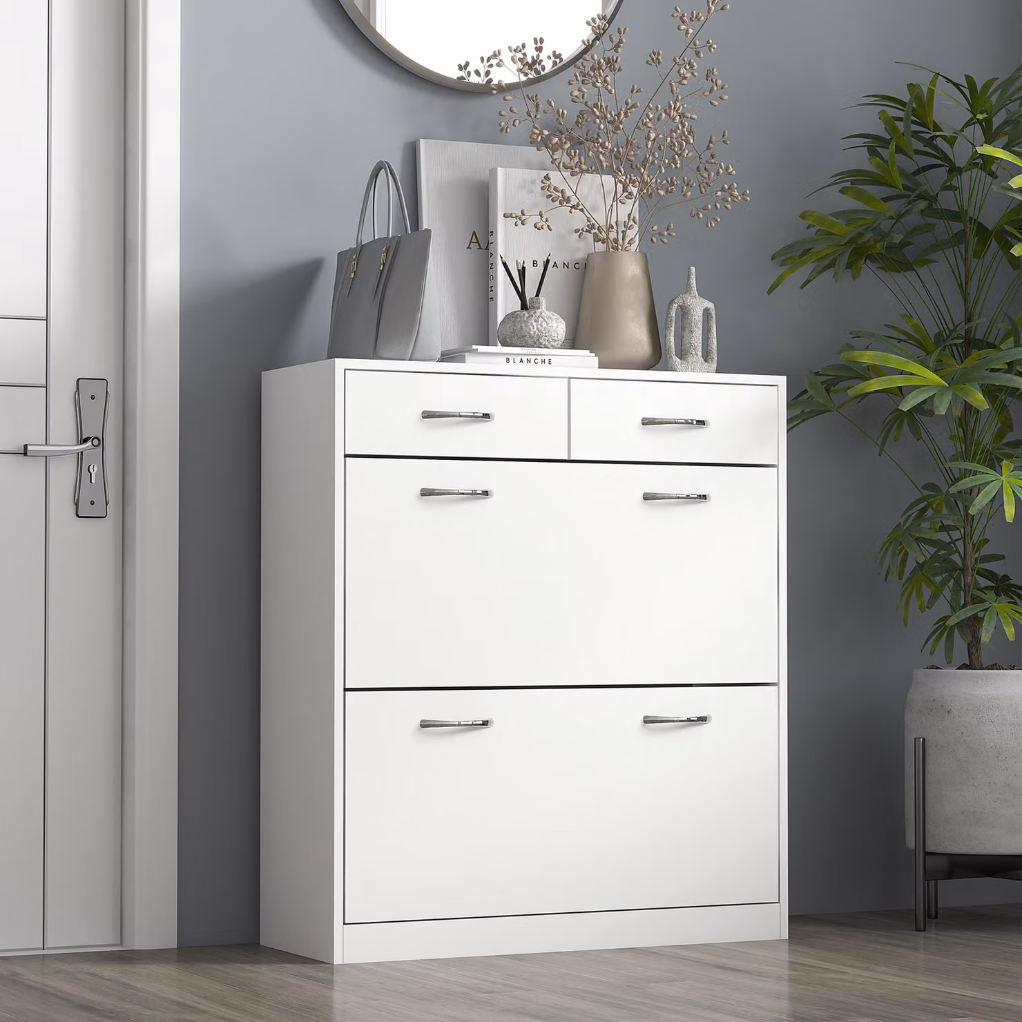 Scarpiera mobile HOMCOM in legno bianco con 2 cassetti e ripiani regolabili, L: 80 cm, P: 30 cm, H: 91.5 cm – 2