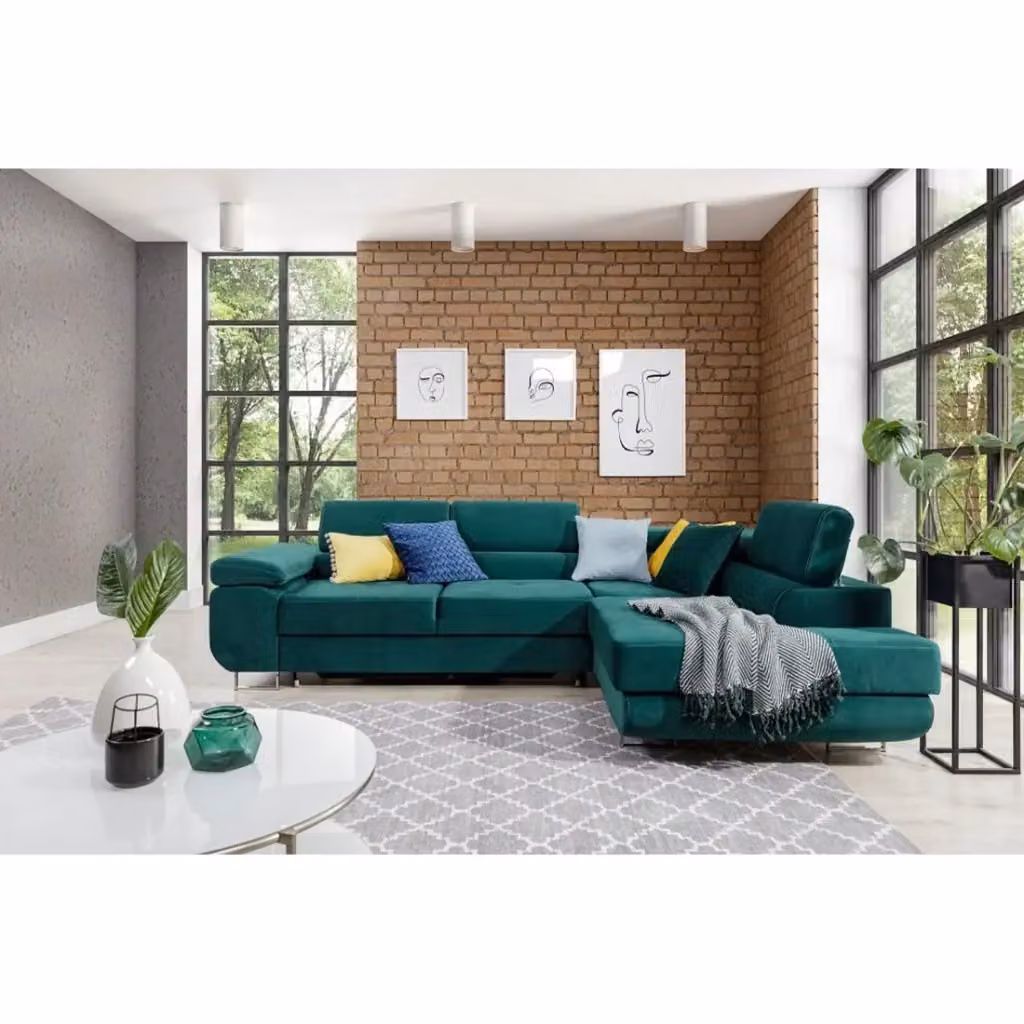 Divano angolare convertibile MENTON MEUBLORAMA in velluto verde con angolo destro, funzione letto e baule contenitore L/P/H: 272 x 151 x 85 cm – 2
