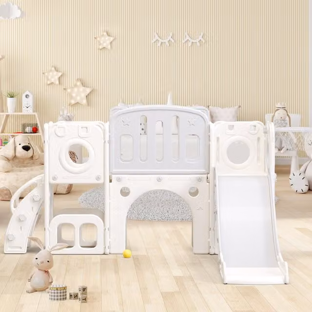 Scivolo Multifunzione 6-in-1 per Bambini GL Store con Rampa, Doppia Piattaforma, Armadietti, Canestro e Scala, Grigio e Bianco, L/P/H: 174 x 150 x 95 cm