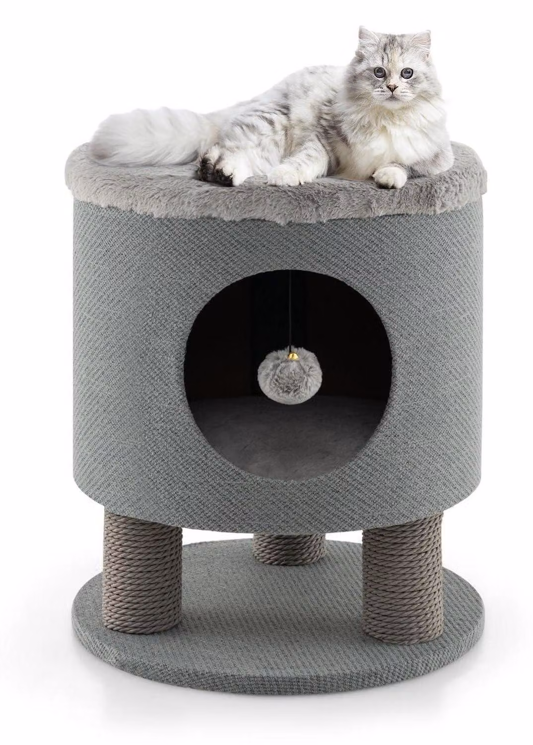 Tana per gatti in cartone con 3 pali in sisal e una pallina giocattolo, utilizzabile anche come poggiapiedi, con una capacità di carico fino a 60 kg, dimensioni 40 x 40 x 47 cm, colore grigio