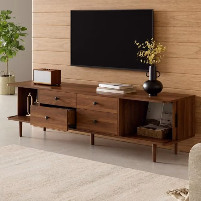 Mobile porta TV in MDF con 4 cassetti e 2 ante scorrevoli per soggiorno noce con angoli arrotondati 165 × 40 × 46 cm