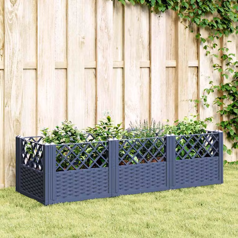Fioriera da giardino con picchetti vidaXL in plastica, Grigio Blu, L: 123,5 cm, P: 43,5 cm, H: 43,5 cm