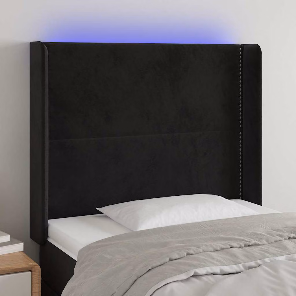 Testiera per letto vidaXL in velluto nero con illuminazione LED integrata e porta di ricarica USB, L: 93 cm, P: 16 cm, H: 118-128 cm