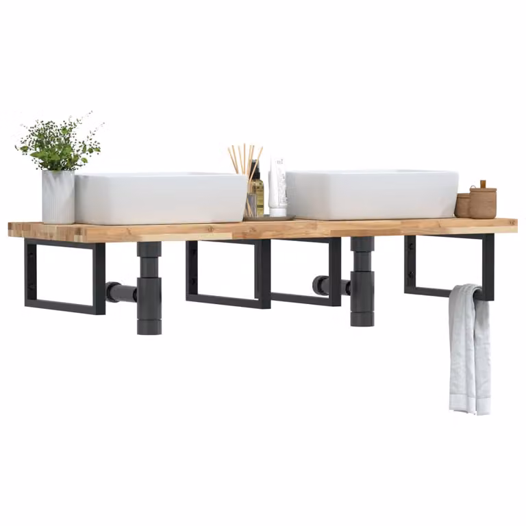 vidaXL Ripiano a Parete per Lavabo Moderno in Acciaio e Legno di Acacia, L: 120 cm, Colore Nero e Marrone