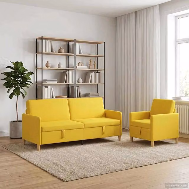Set di divani moderni vidaXL composto da divano a 3 posti, divano a 2 posti e poltrona con seduta sollevabile e contenitore, tessuto giallo e marrone – 1