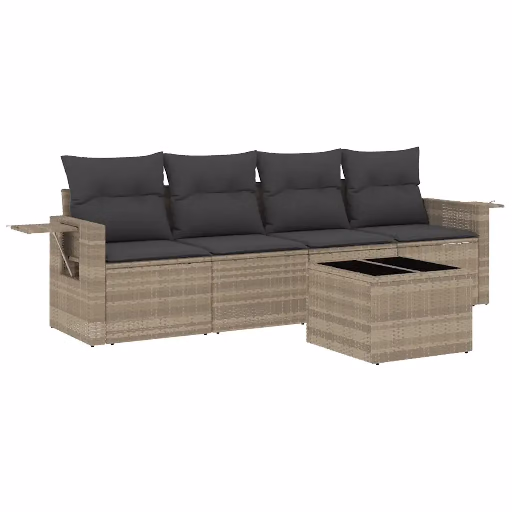 Set Divano da Giardino vidaXL 5 Pezzi in Polyrattan con Cuscini Grigio Chiaro e Tavolino – 2